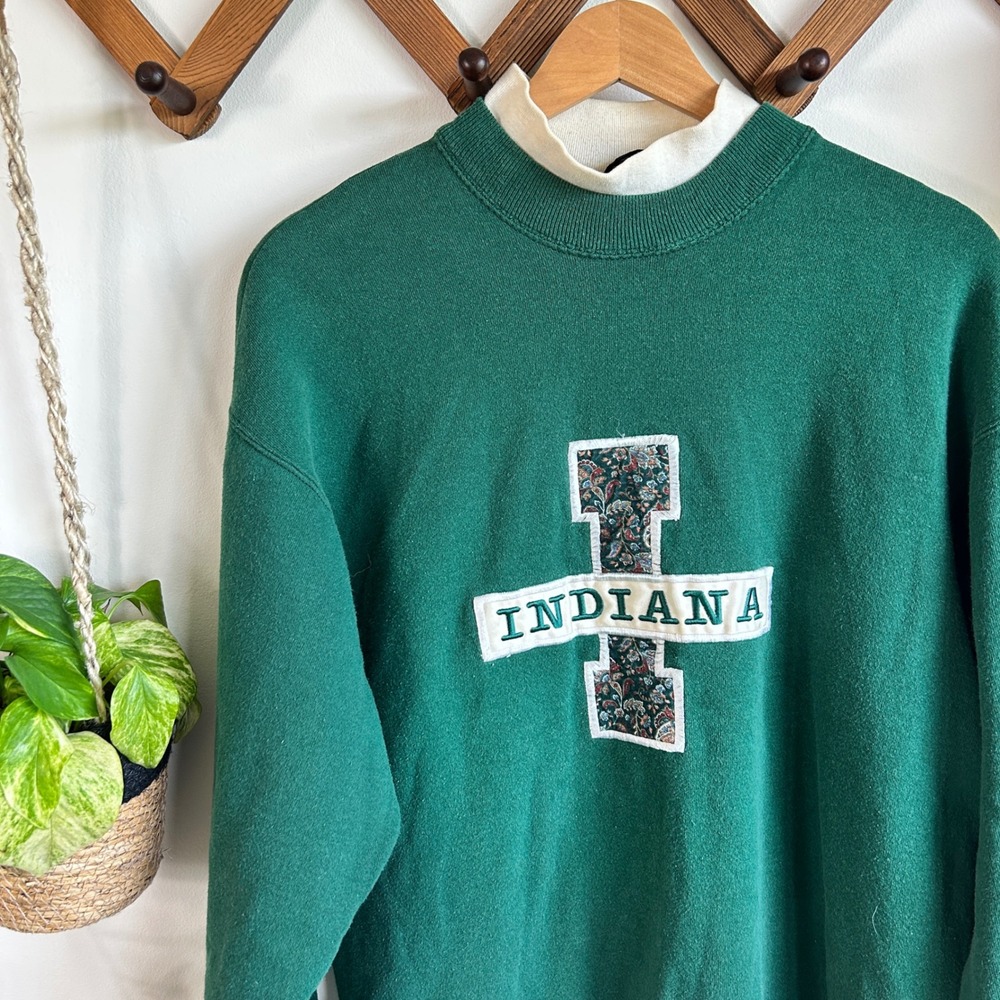 Vintage Indiana Paisley Applique Mock Neck Sweatshirt Green Made in USA Large